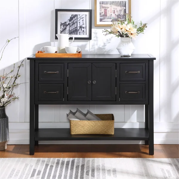 Console Table Sofa Table for Living Room with 4 Drawers - 1 Cabinet and 1 Shelf - Black