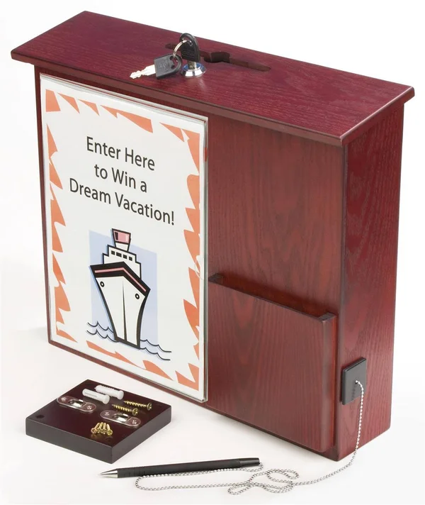 Displays2go Wood Wall-Mounting Suggestion Box - Ballot Box with Locking Lid, Pocket, Sign Holder and Pen - Red Mahogany, Size: 15