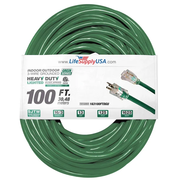 100 ft Extension Cord 16/3 SJTW with Lighted End - Green - Indoor - Outdoor Heavy Duty Extra Durability 13amp 125V 1625w ETL Lis