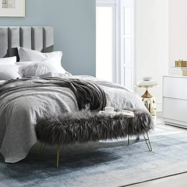 Silver Orchid Nilsson Contemporary Faux Fur Long Bench Ottoman - Grey