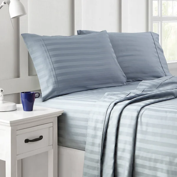 Brielle Home 100% Organic Cotton Dobby Stripe Sheet Set King, Blue