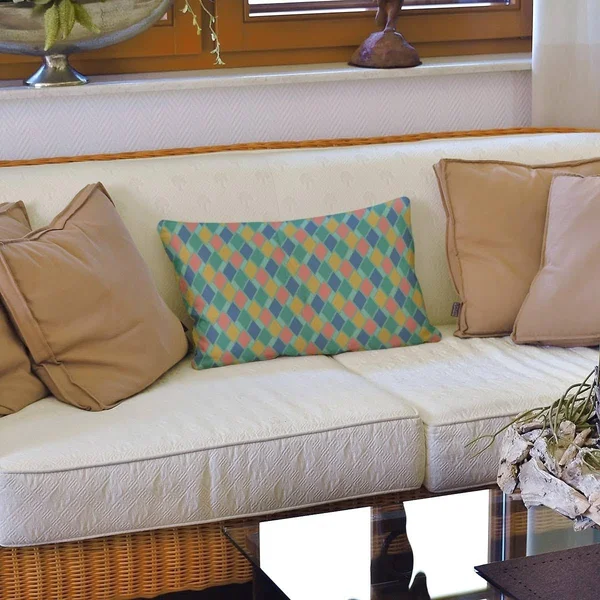 ArtVerse Retro Diamonds Lumbar Pillow - Green Multicolor - Linen