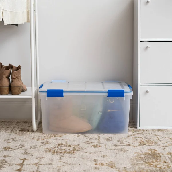 Iris USA 60 Quart Weathertight Storage Box - Clear with Blue Buckles, 4 Pack, 500026