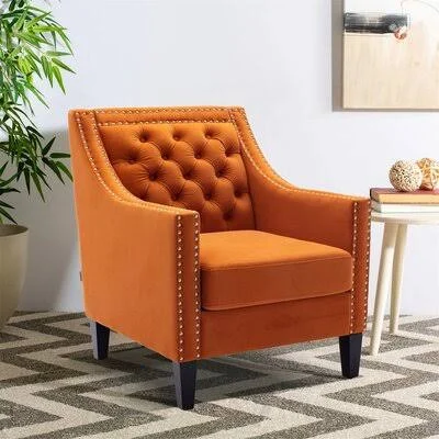 Accent Armchair Living Room Chair with Nailheads and Solid Wood Legs House of Hampton Body Fabric: Orange Linen Blend