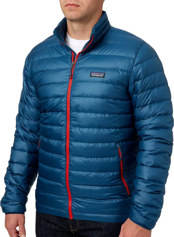 Patagonia Down Sweater Jacket - Men's Big Sur Blue/Fire Red, M
