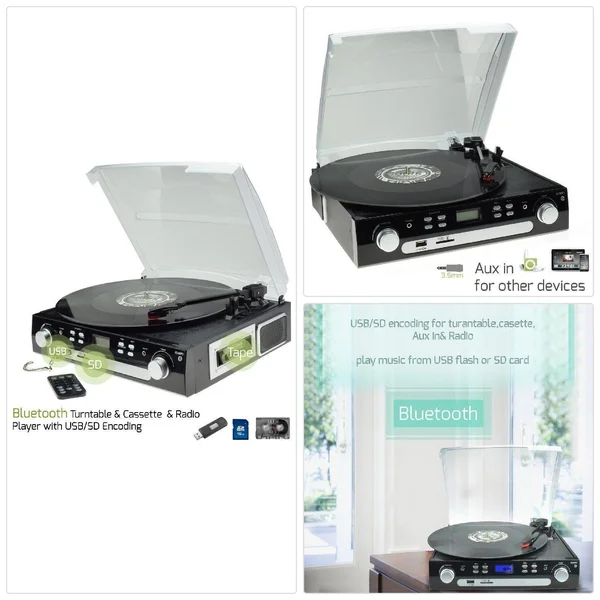 Digitnow Bluetooth Viny Record Player Turntable - Cassette, Radio and AUX in with USB Port and SD Encoding Remote Control, Built in