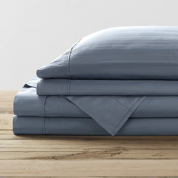 Brielle Home 100% Organic Cotton Dobby Stripe Sheet Set King, Blue