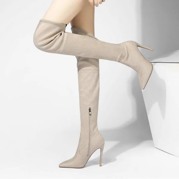 Beige Women's Dress Pull-On Boots Stretch Over-The-Knee Boots Size 4