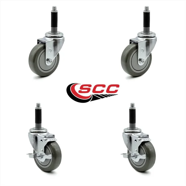 Service Caster - 4 x 1.25 inch Gray Polyurethane Wheels Caster Set of 4 - 2 Swivel Casters w/Brake W/3/4 inch Expanding Stem/2 S