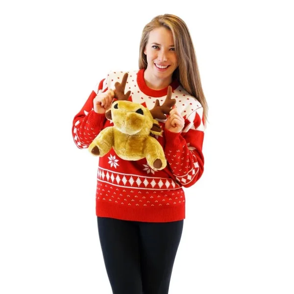 Red 3D Reindeer Moose Ugly Christmas Sweater