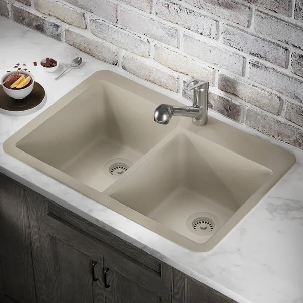 Quartz Granite 33x22 L x 22x22 W Double Basin Drop-in Kitchen Sink with STRAINER Mr Direct Finish: Slate