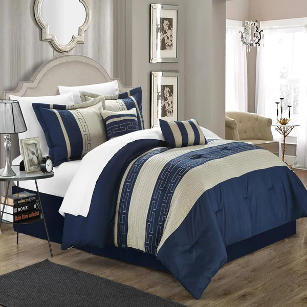 Carlton Navy & Almond King 10 Piece Comforter Bed in A Bag Set