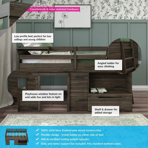 Max & Lily Modern Farmhouse Loft Bed with 1 Drawer - Twin, Espresso