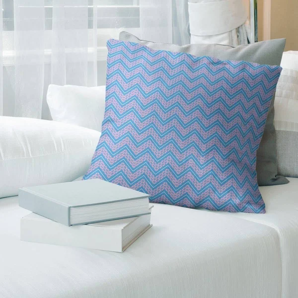 Pink Focus Hand Drawn Chevrons Throw Pillow - 18 x 18 - Pink & Teal - Synthetic Fiber