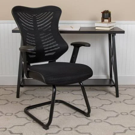 Designer Black Mesh Sled Base Side Reception Chair with Adjustable Arms [bl-zp-806c-gg], Size: 26.25 W x 26.75 D x 40.5 H