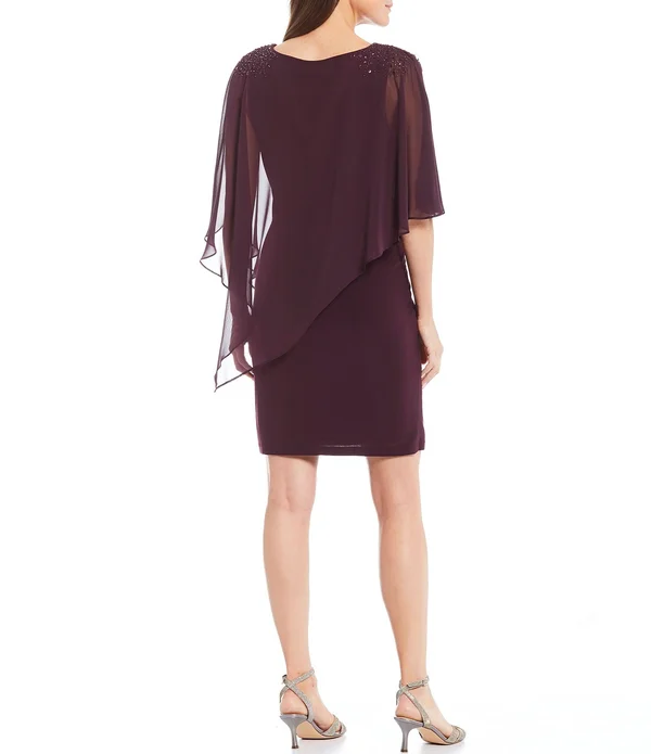 Slny Faded Rose Women's Asymmetrical Cape with Beaded Shoulder Dress
