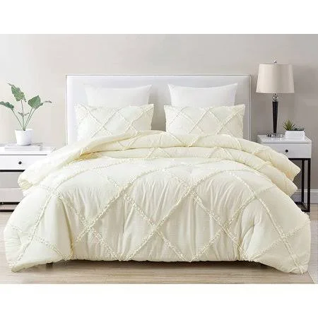 Chezmoi Collection Vivian 3-Piece Diamond Ruffle Trim Washed Microfiber Comforter Set - Size: King, Beige