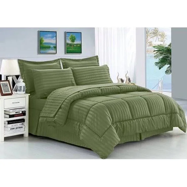 Elegant Comfort Wrinkle Resistant - Silky Soft Dobby Stripe Bed-in-a-Bag 8-Piece Comforter Set --HypoAllergenic - King Sage, Gre