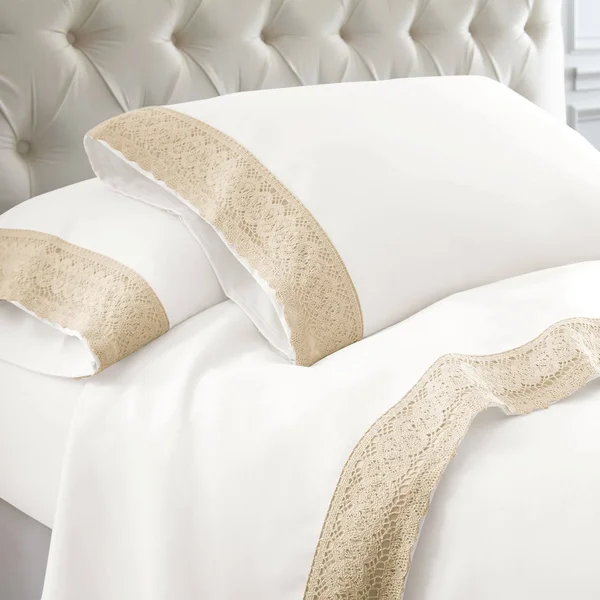 Udine 4 Piece Queen Size Sheet Set with Crochet Lace The Urban Port, White and Cream