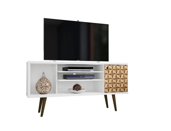 Manhattan Comfort, Liberty 53.14x22 Mid Century Modern TV Stand 5 Shelves White/3D Brown Prints