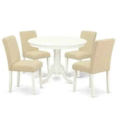 Shady 5 - Piece Solid Wood Rubberwood Dining Set Winston Porter Table Color: Linen White, Chair Color: Light Beige