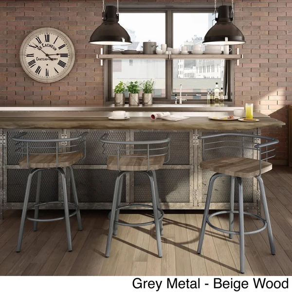 Carbon Loft Cantrell Swivel Metal Barstool with Distressed Wood Seat Black Metal/Light Grey Wood 20009776
