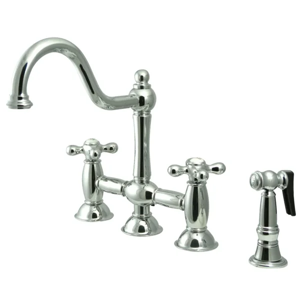 Kingston Brass KS3791AXBS Restoration Bridge Kitchen Faucet with Brass Sprayer - Polished Chrome