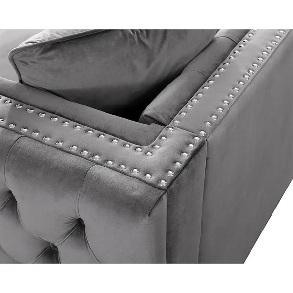 Bowery Hill Contemporary Velvet Button Tufted Accent Chair in Gray