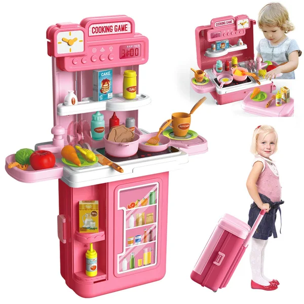 HONYAT 41pcs Pretend Play Kitchen Sets with Kids Travel Suitcase, Kitchen Accessories Set, Realistic Lights & Sounds, Play F