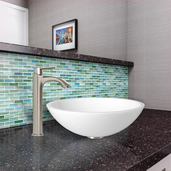 Vigo VGT451 Brushed Nickel Flat Edged White Phoenix Stone Vessel Sink and Linus Faucet Set