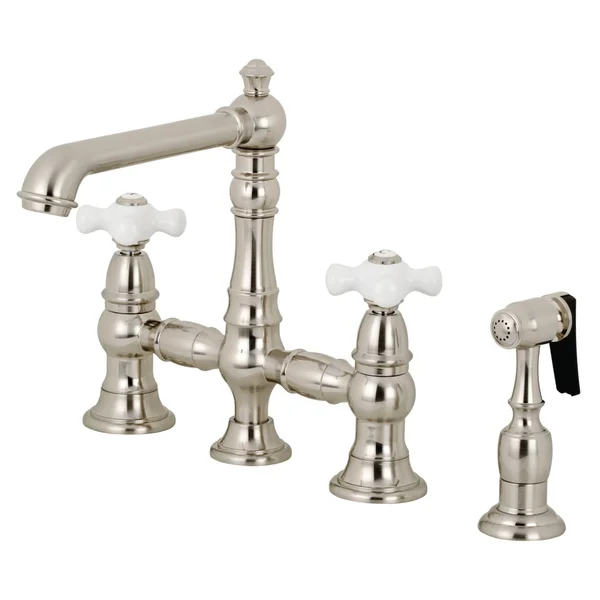 Kingston Brass KS7278PXBS English Country 8x22 Bridge Kitchen Faucet with Sprayer - Brushed Nickel