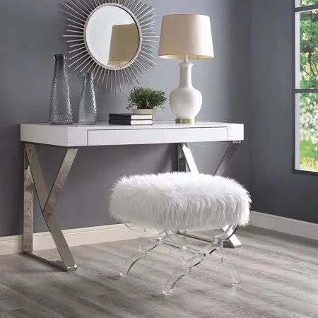 Inspired Home Erika Cream White Faux Fur Ottoman - Acrylic X-Legs