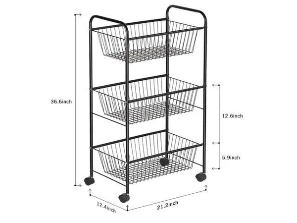NEX 3-Tier Rolling Basket Stand - Large Size Full Metal Rolling Trolley for Kitchen & Bathroom - Three Tier Storage Cart w/Sh