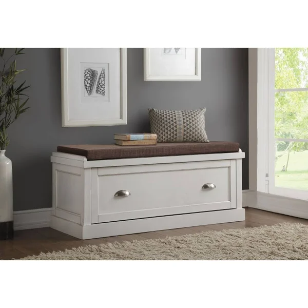 Benzara BM185369 Wooden Bench with Fabric Upholstered Seat Cushion & Storage Drawer White