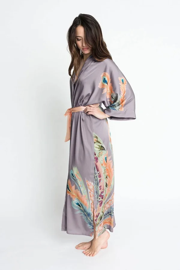 Peacock Feather Kimono Robe - Long, KIM + ONO white, one size