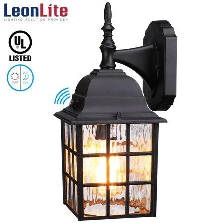 Leonlite Outdoor Dusk to Dawn Wall Lantern, Photocell Included, UL Listed, Water Ripple Glass Exterior Wall Sconce, E26 Base Bul