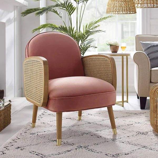 Art Leon Mid Century Modern Velvet Upholstered Oak Woven Arm Accent Chair - Living Room Chair