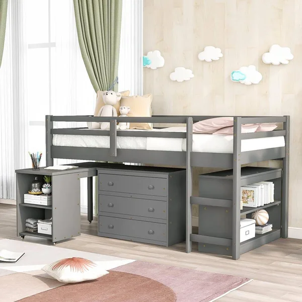 Harper & Bright Designs Gray Low Study Twin Loft Bed with Cabinet and Rolling Portable Desk