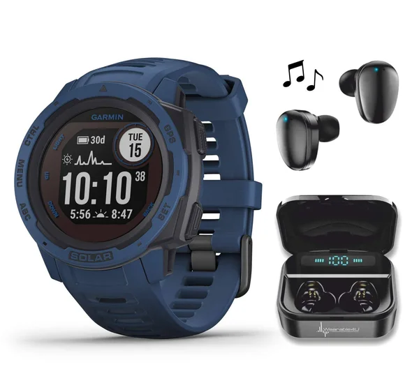 Garmin Instinct Solar Premium GPS Smartwatch with Included Wearable4U Ultimate Black Earbuds with Charging Power Bank Case Bundl