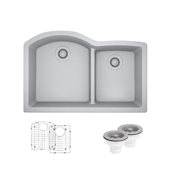 Rene R3-1008-PWT-ST-CGS Pewter Double Offset Bowl Low Divide Undermount Composite Granite Sink with Two Grids and Two Matching C