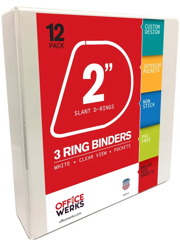 Officewerks 3 Ring Binders - 2 inch Slant-D Rings, White, Clear VIEW, Pockets - 12 Pack