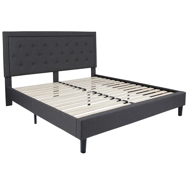 BSD National Supplies, Logan King Size Dark Grey Fabric Platform Bed with Button Tufted Headboard