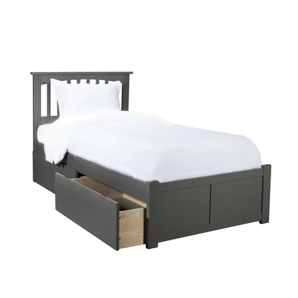 Atlantic Mission Platform Bed W/FLAT Panel Footboard & 2 Urban Bed Drawers in Atlantic Grey Twin XL