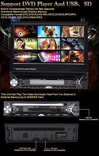 Universal in Dash Single 1din CD/DVD Multimedia Headunit 7-Inch Flip Out Touch Screen, Bluetooth Receiver, Built-In Mic, Hands-F