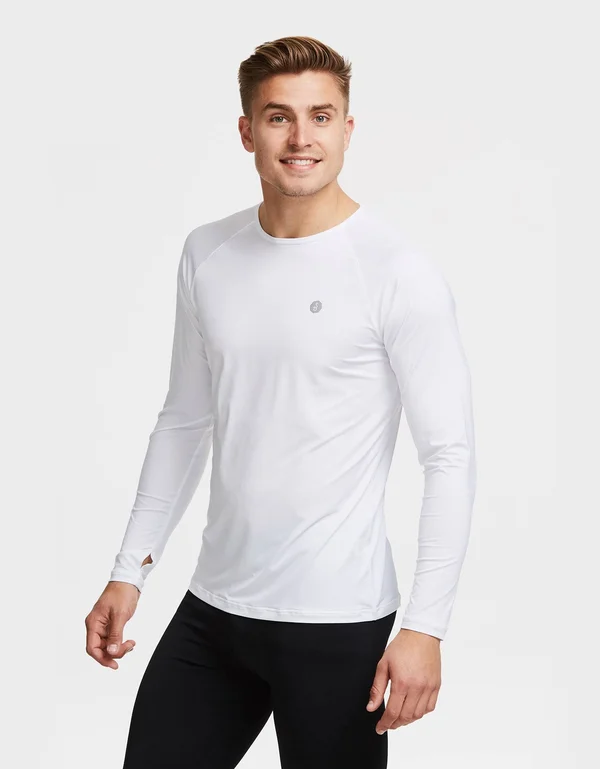 UPF 50+ Long Sleeve Sun Protective Base Layer for Men - Sun Safe Tops White