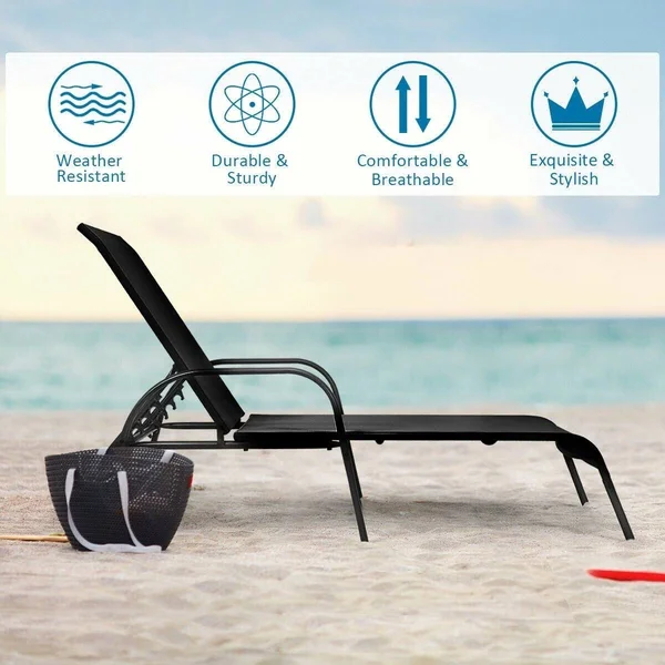 2 Pcs Outdoor Patio Lounge Chair Chaise Fabric with Adjustable Reclining Armrest - 75.5x22 x 26’’ x 24.5x22 (L x W x H) - Black