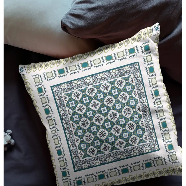 Floral Windows Suede Blown & Closed Pillow w/ Insert in White & Green 18x22x18x22