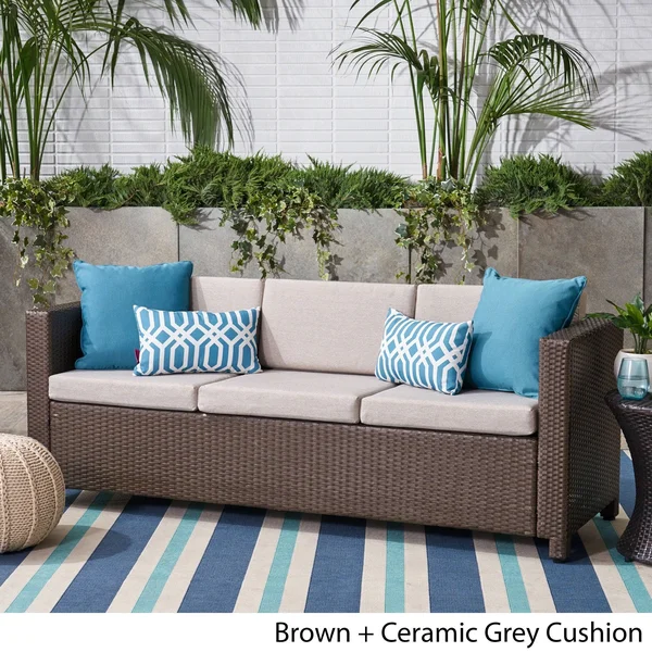 Christopher Knight Home Puerta Outdoor (PE) Wicker 3 Seater Sofa by Brown + Ceramic Grey Cushion