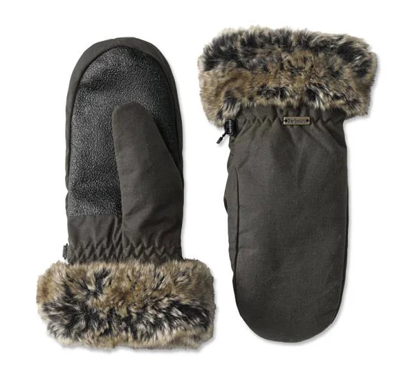 Barbour Waxed Mittens with Fur Trim for Women, Olive, Size Medium