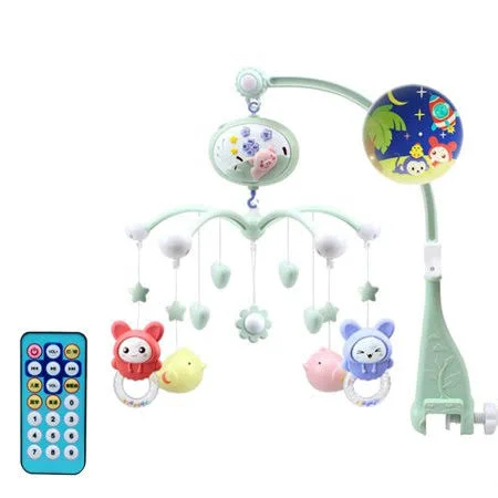 Musical Baby Crib Mobile Toy Toddler Bed Bell with Animal Rattles Projection Cartoon Early Learning Toys (Green Pig)